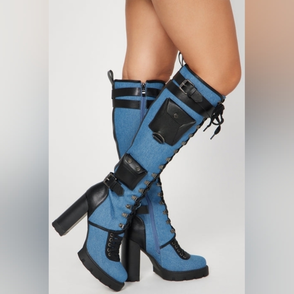 LAMODA "The Dark Side Of The Clouds" Denim and Black Lace-Up Pocket Boots - Picture 2 of 5